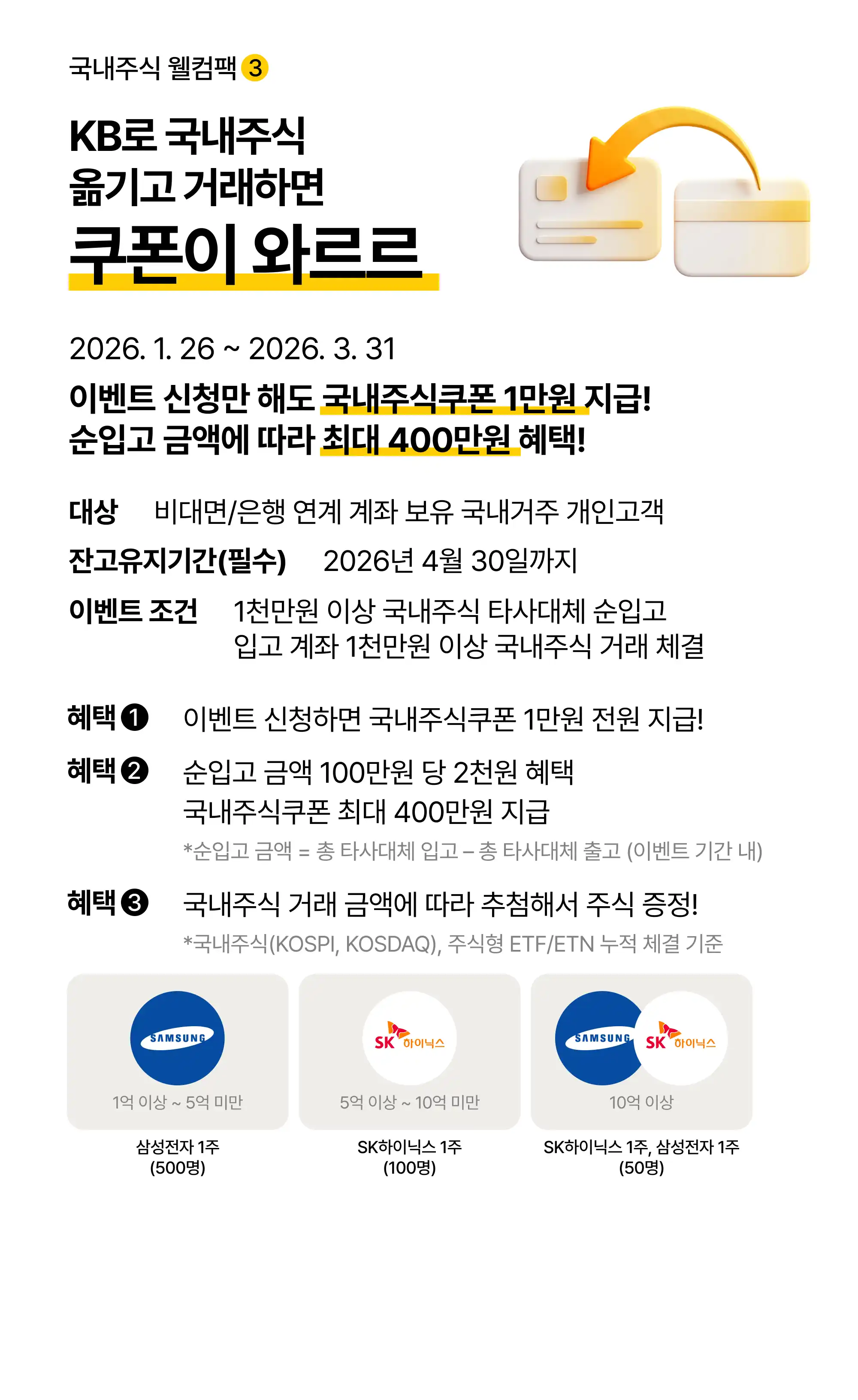 국내주식 웰컴팩3 KB로 국내주식 옮기고 거래하면 쿠폰이 와르르